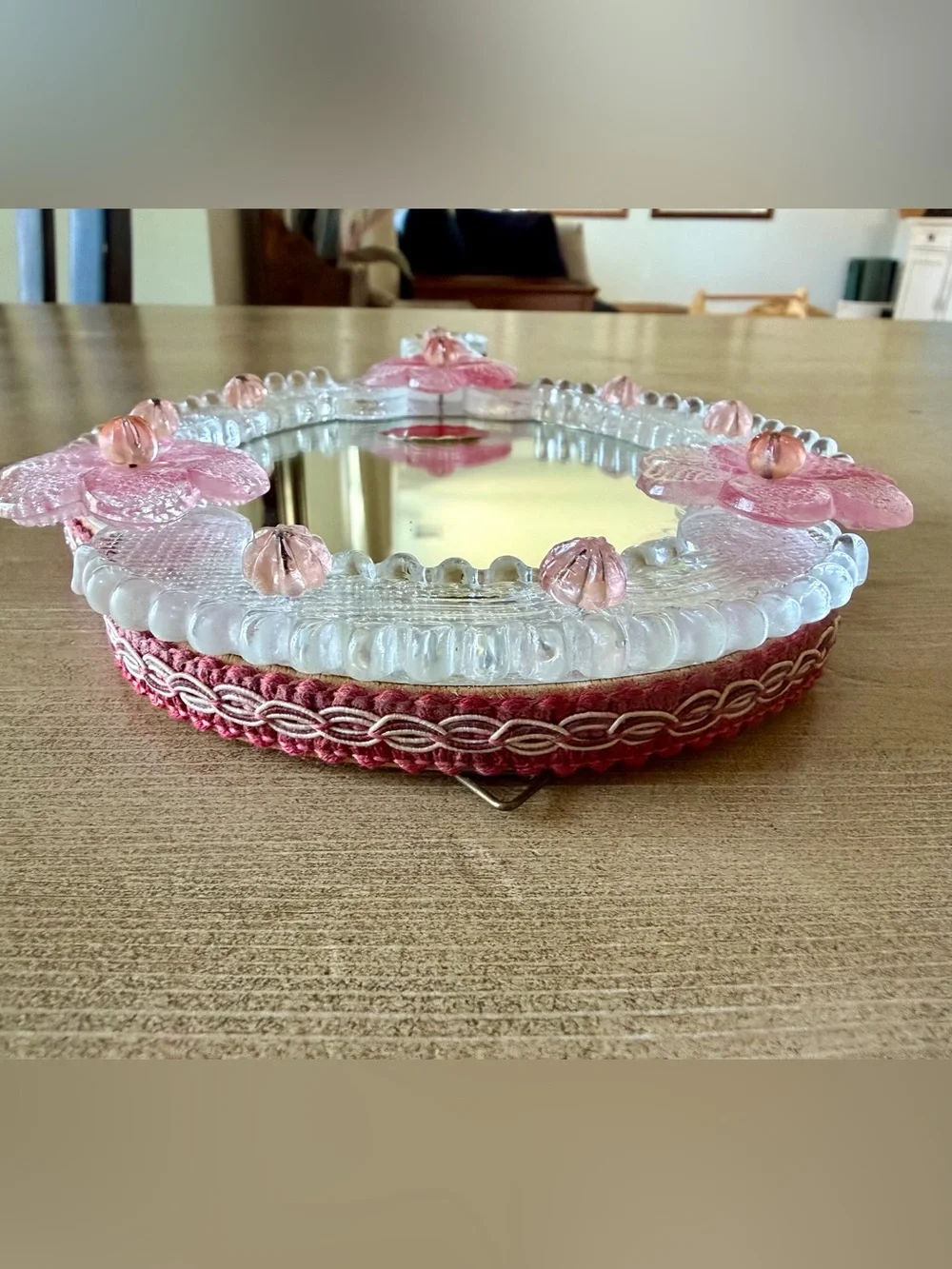 1950s Vintage Italian Venetian Hand-Blown Pink Floral Murano Glass Hand Mirror